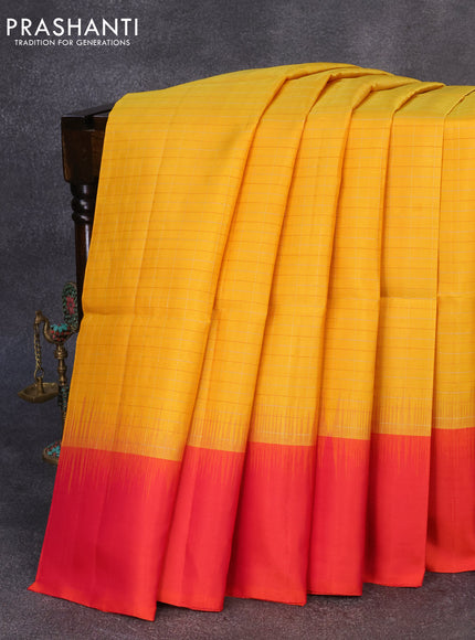 Pure soft silk saree yellow and dual shade of pinkish orange with allover zari woven checked pattern and simple border