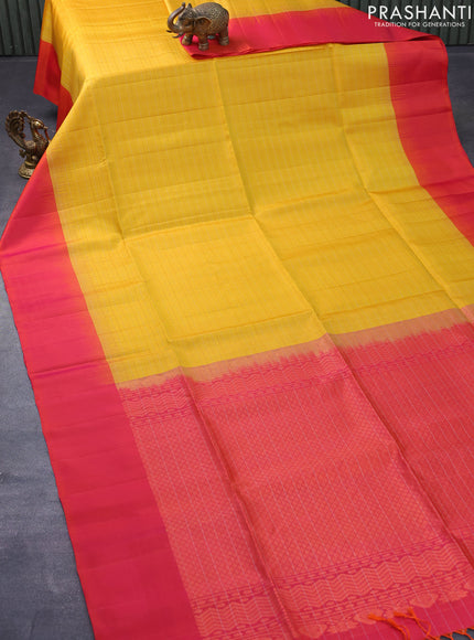 Pure soft silk saree yellow and dual shade of pinkish orange with allover zari woven checked pattern and simple border