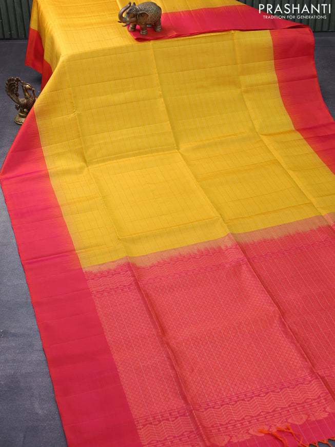 Pure soft silk saree yellow and dual shade of pinkish orange with allover zari woven checked pattern and simple border