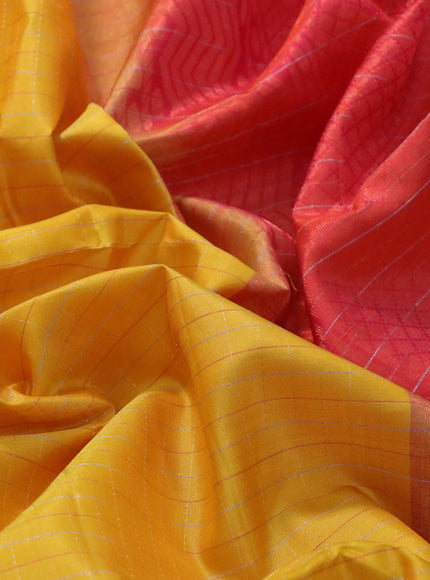 Pure soft silk saree yellow and dual shade of pinkish orange with allover zari woven checked pattern and simple border