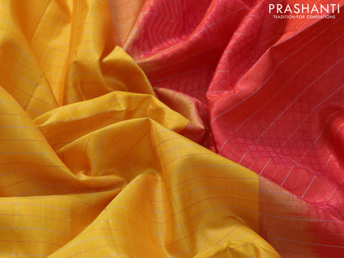 Pure soft silk saree yellow and dual shade of pinkish orange with allover zari woven checked pattern and simple border