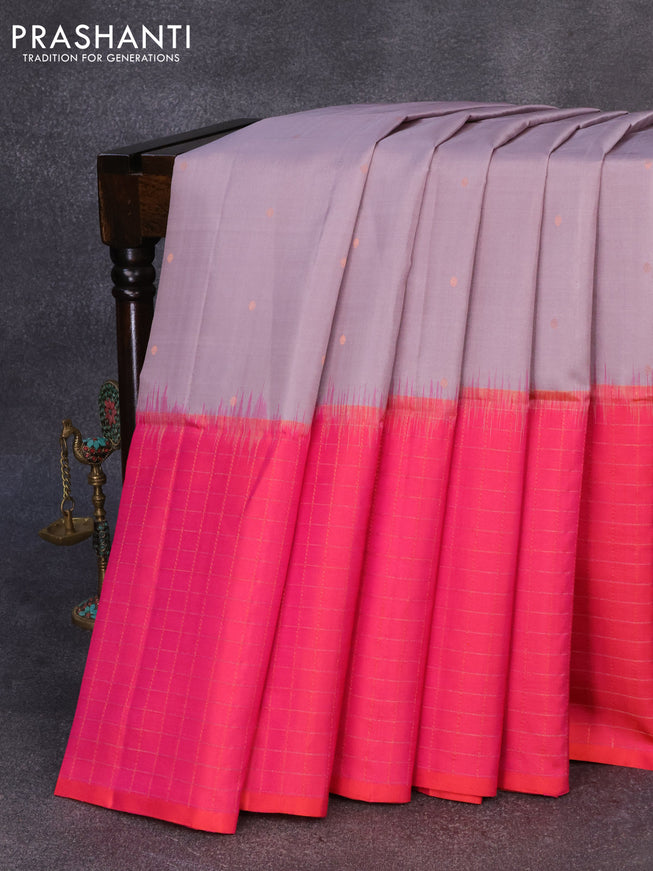 Pure soft silk saree grey and dual shade of pinkish orange with zari woven buttas and zari checked border