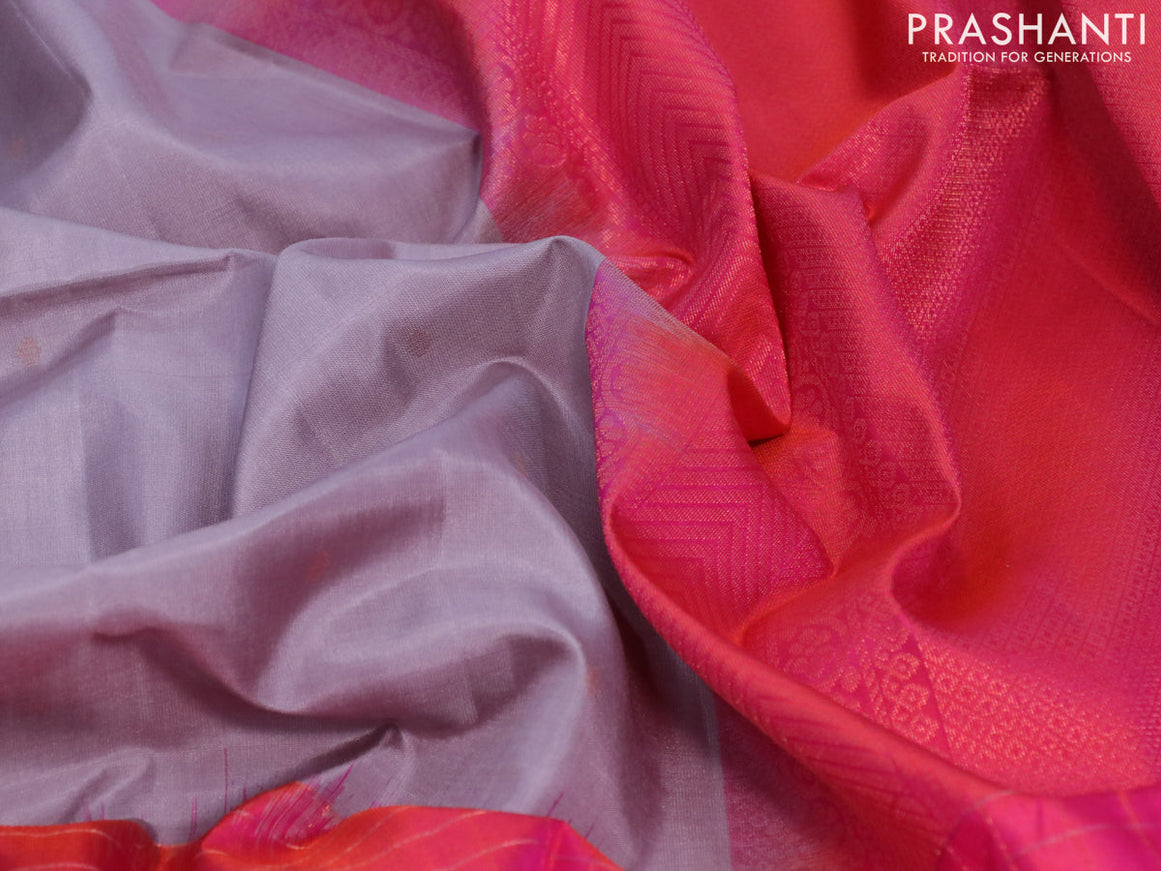 Pure soft silk saree grey and dual shade of pinkish orange with zari woven buttas and zari checked border