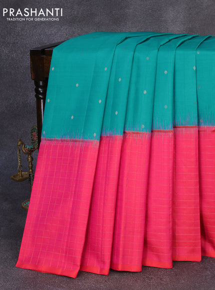 Pure soft silk saree teal blue and dual shade of pinkish orange with zari woven buttas and zari checked border