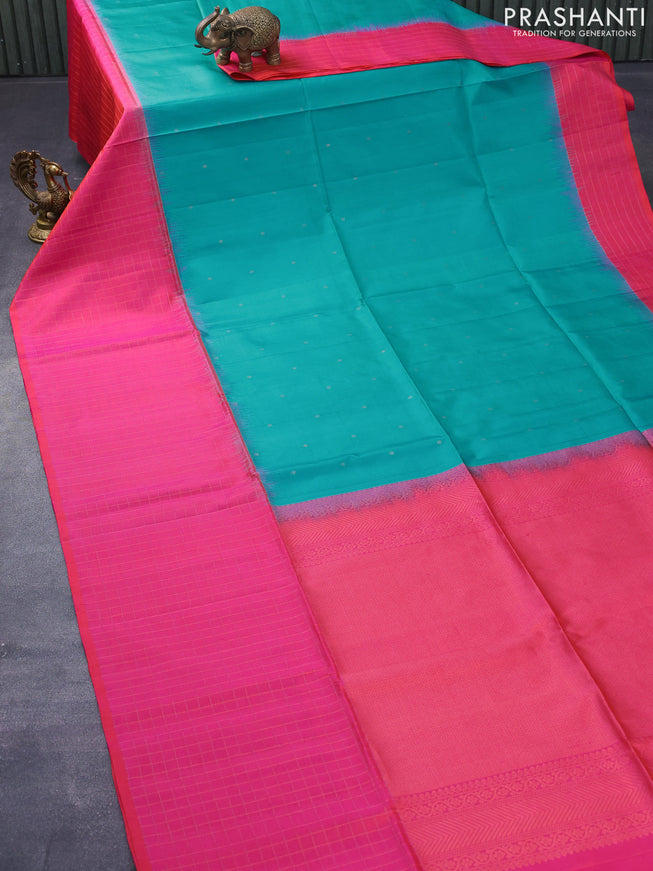 Pure soft silk saree teal blue and dual shade of pinkish orange with zari woven buttas and zari checked border