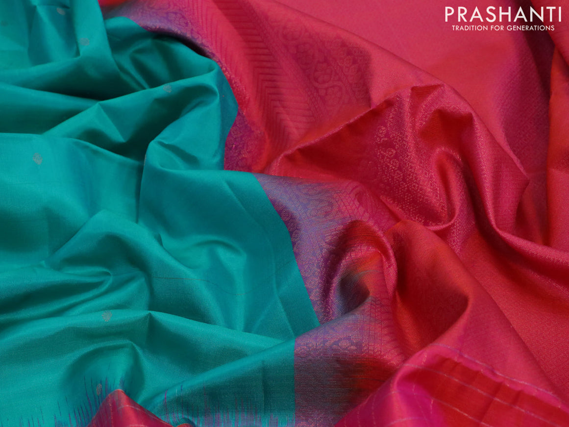 Pure soft silk saree teal blue and dual shade of pinkish orange with zari woven buttas and zari checked border