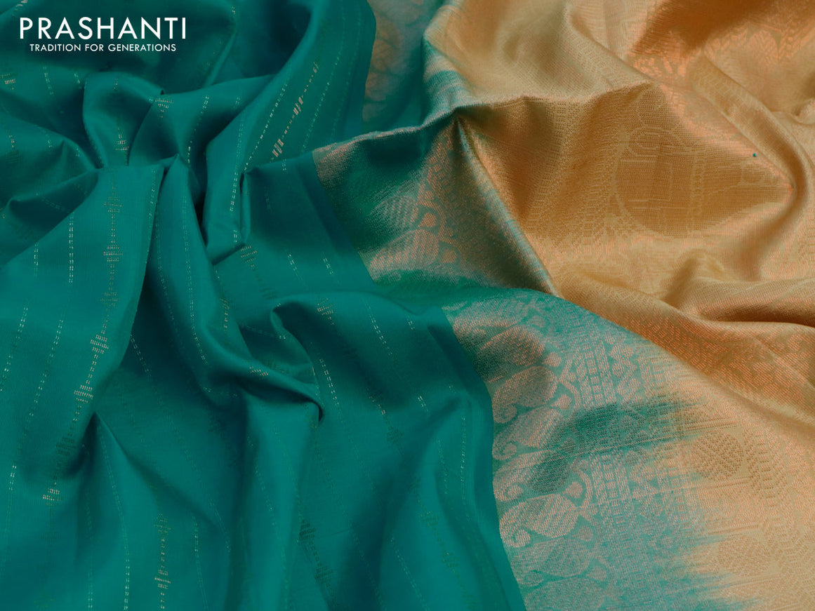 Pure soft silk saree teal blue and sandal with silver & copper zari weaves and zari woven butta border