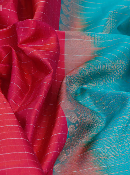 Pure soft silk saree dual shade of pinkish orange and teal blue with allover silver zari checks and simple border