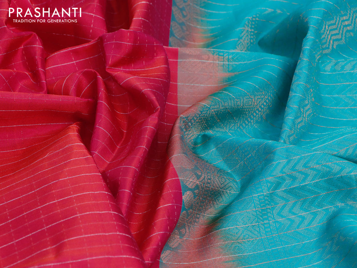 Pure soft silk saree dual shade of pinkish orange and teal blue with allover silver zari checks and simple border