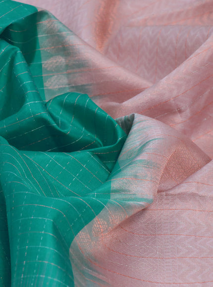 Pure soft silk saree teal blue and peach shade with allover zari checked pattern and simple border