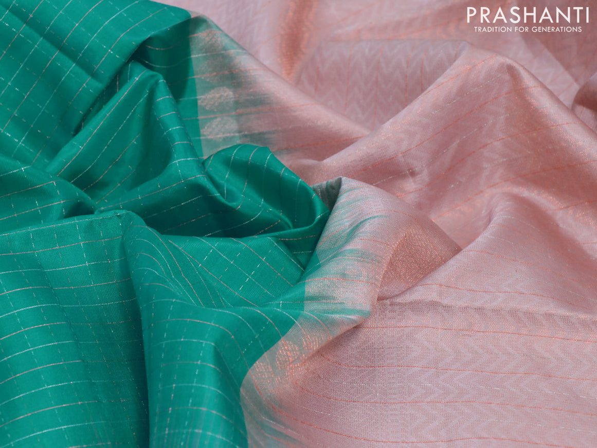 Pure soft silk saree teal blue and peach shade with allover zari checked pattern and simple border