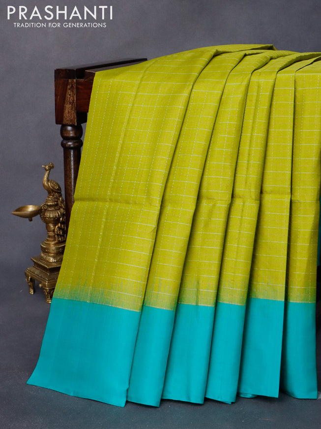 Pure soft silk saree lime green and teal blue with allover zari checked pattern and simple border