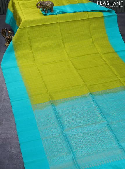 Pure soft silk saree lime green and teal blue with allover zari checked pattern and simple border