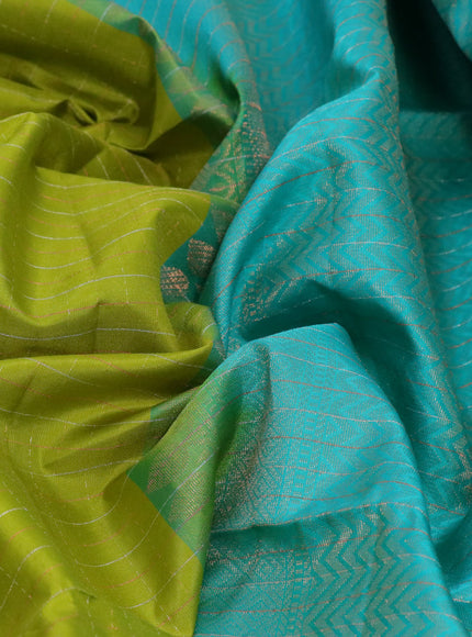 Pure soft silk saree lime green and teal blue with allover zari checked pattern and simple border