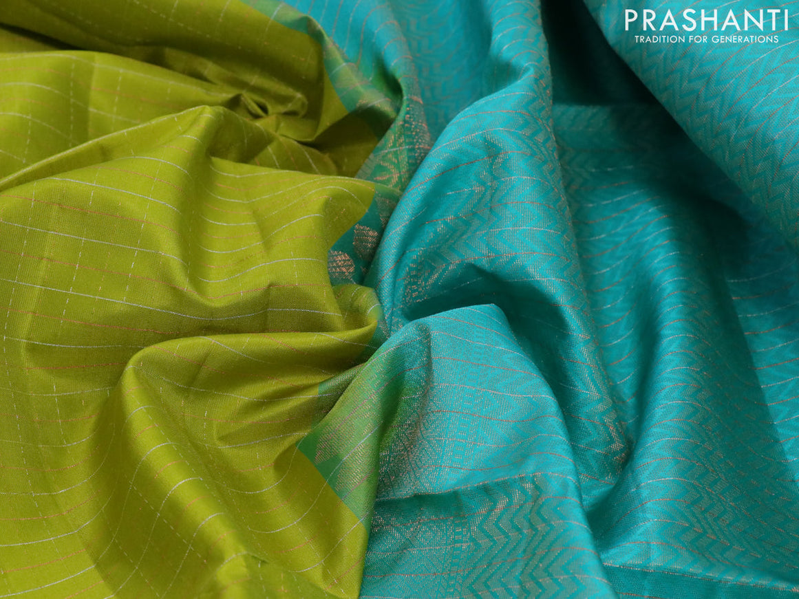 Pure soft silk saree lime green and teal blue with allover zari checked pattern and simple border