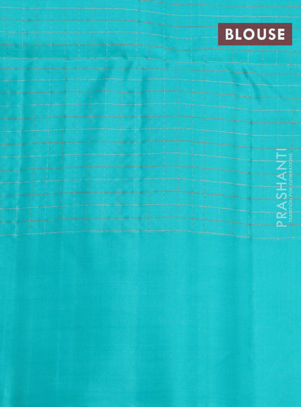 Pure soft silk saree lime green and teal blue with allover zari checked pattern and simple border