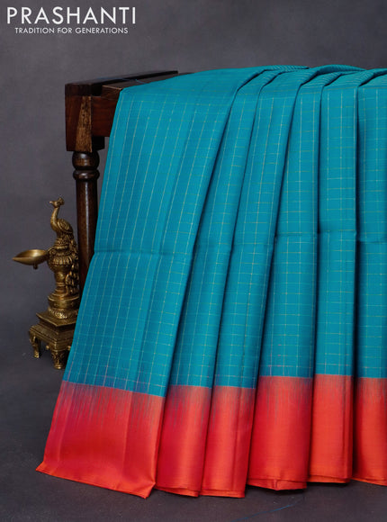 Pure soft silk saree cs blue and dual shade of pinkish orange with allover zari checked pattern and simple border