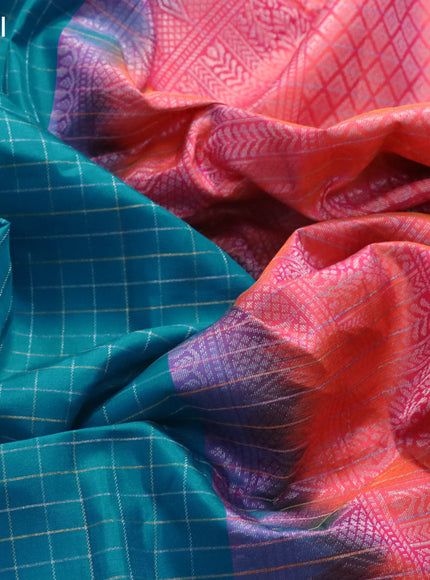 Pure soft silk saree cs blue and dual shade of pinkish orange with allover zari checked pattern and simple border