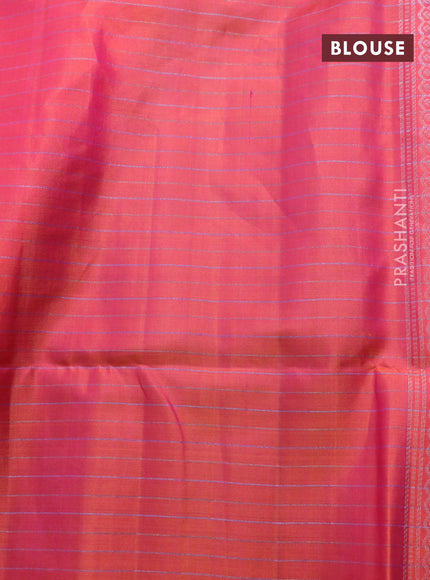 Pure soft silk saree cs blue and dual shade of pinkish orange with allover zari checked pattern and simple border