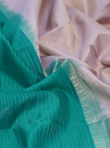 Pure soft silk saree teal green and mild purple with allover silver zari weaves and zari woven butta border