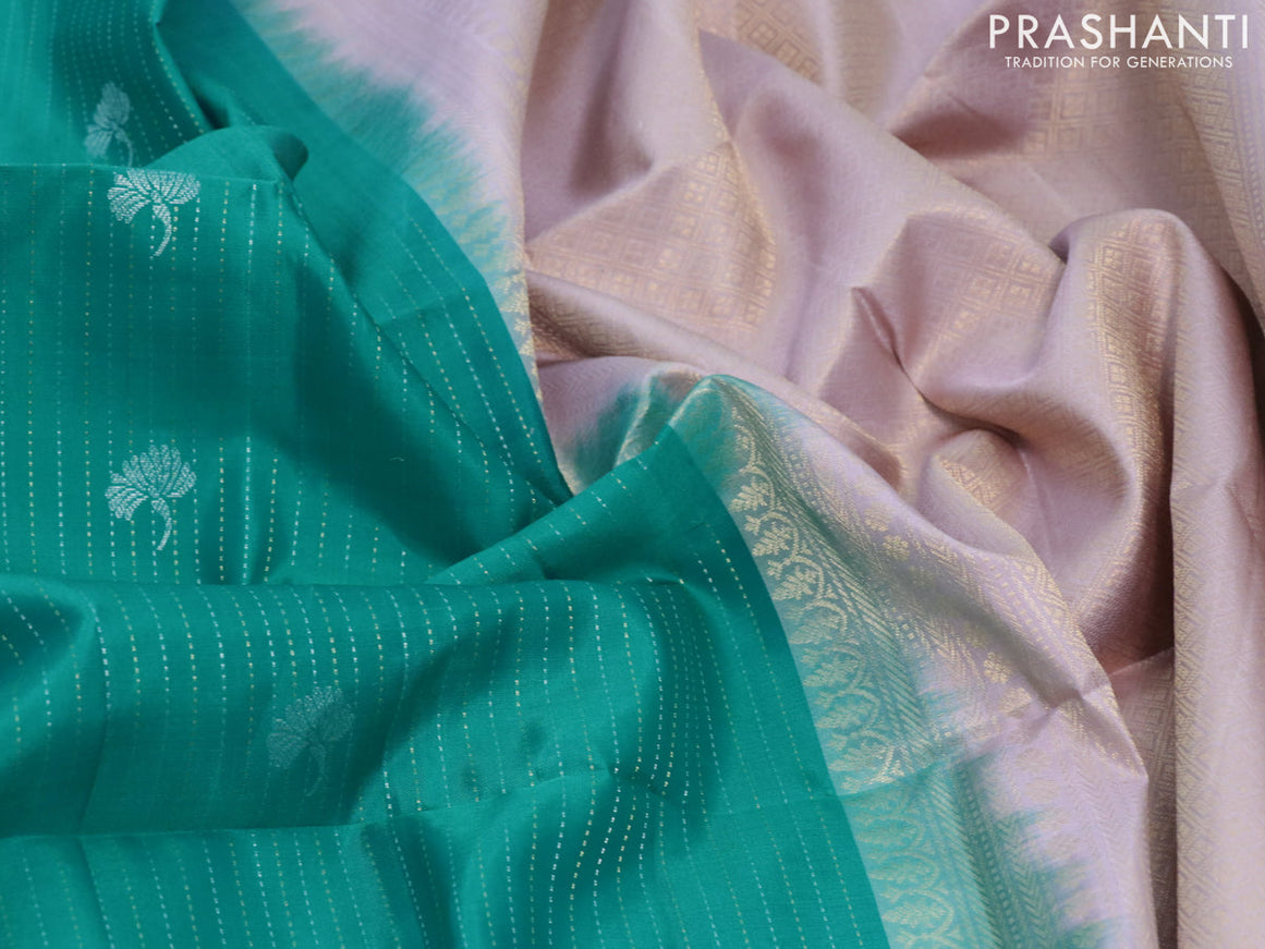 Pure soft silk saree teal green and mild purple with allover silver zari weaves and zari woven butta border