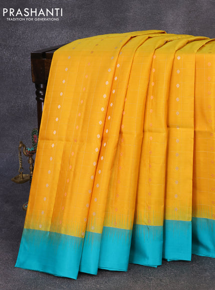 Pure soft silk saree yellow and teal blue with silver & copper zari checks buttas and simple border