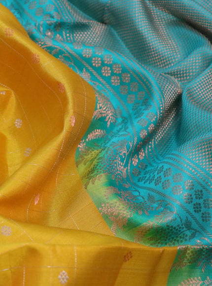 Pure soft silk saree yellow and teal blue with silver & copper zari checks buttas and simple border