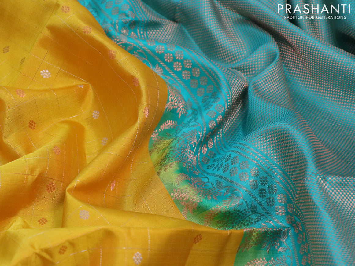 Pure soft silk saree yellow and teal blue with silver & copper zari checks buttas and simple border