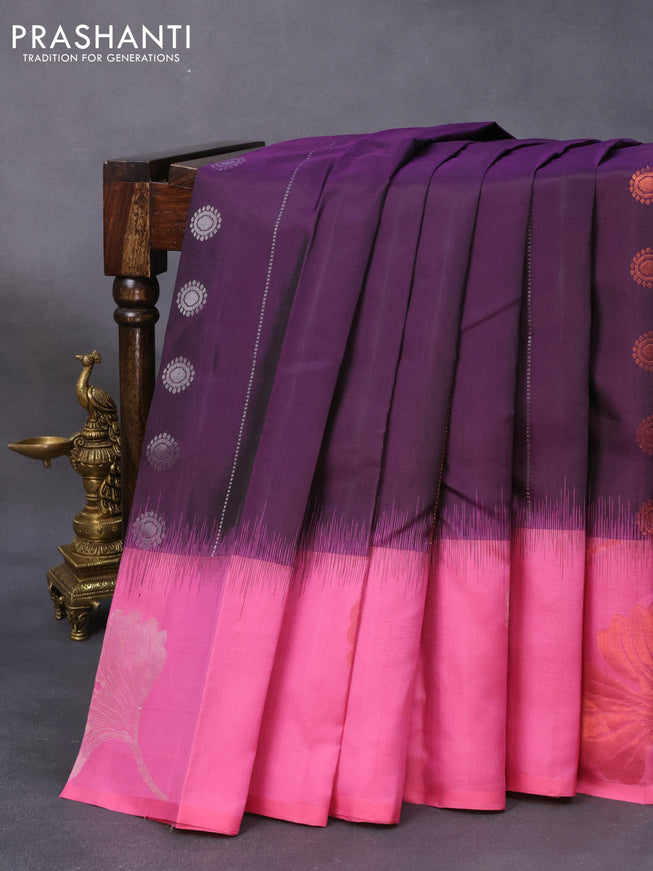 Pure soft silk saree deep violet and light pink with silver & copper zari woven buttas and copper zari woven floral design border