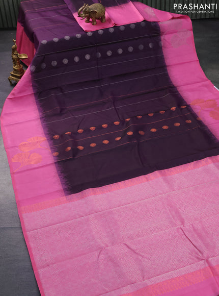 Pure soft silk saree deep violet and light pink with silver & copper zari woven buttas and copper zari woven floral design border