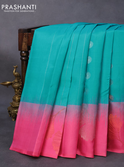 Pure soft silk saree teal blue and light pink with silver & copper zari woven buttas and copper zari woven floral design border