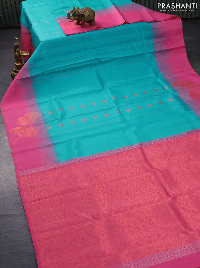 Pure soft silk saree teal blue and light pink with silver & copper zari woven buttas and copper zari woven floral design border