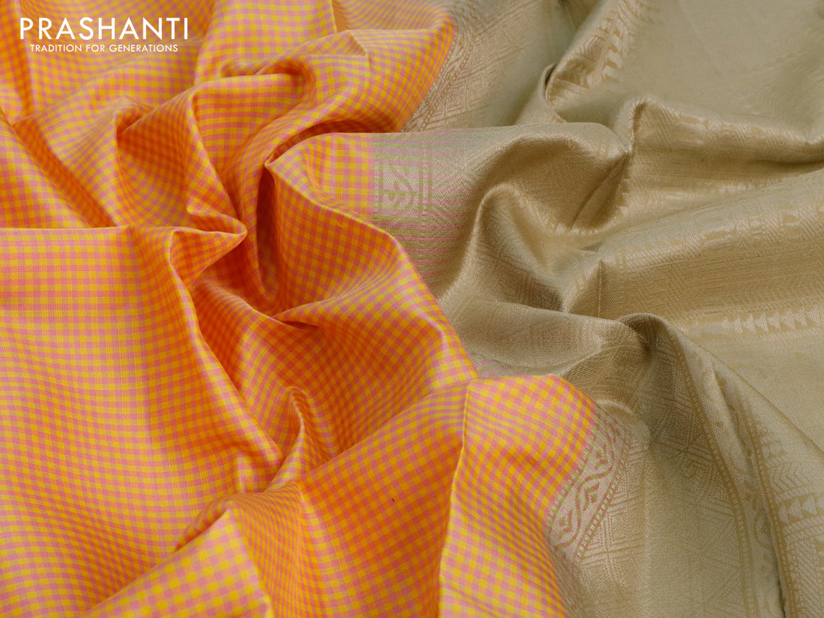 Pure soft silk saree yellow pink and elaichi green with allover small checked pattern and zari woven butta border