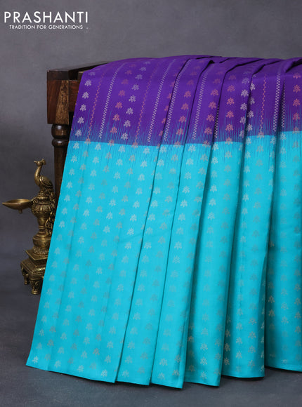 Pure soft silk saree violet and teal blue with allover zari wevaes and zari woven border