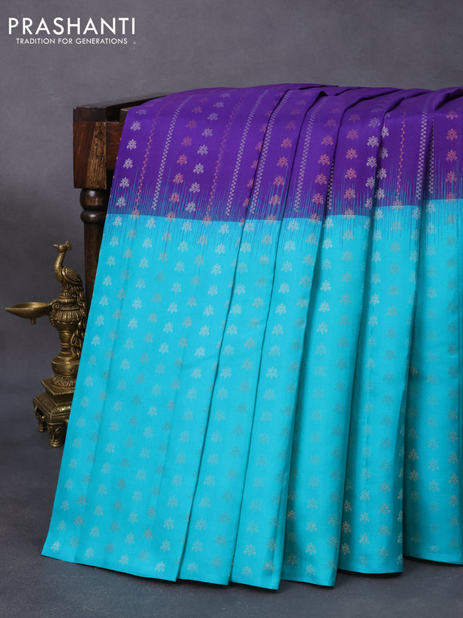 Pure soft silk saree violet and teal blue with allover zari wevaes and zari woven border