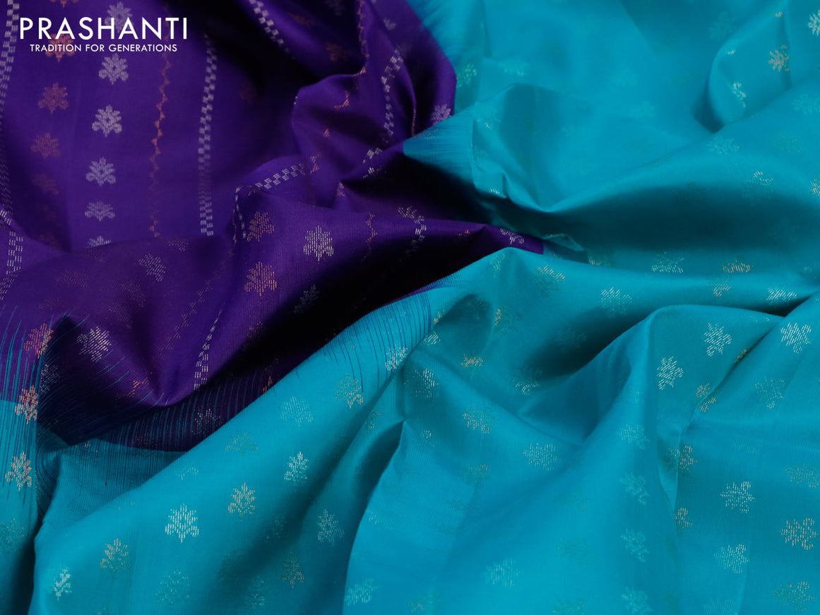 Pure soft silk saree violet and teal blue with allover zari wevaes and zari woven border