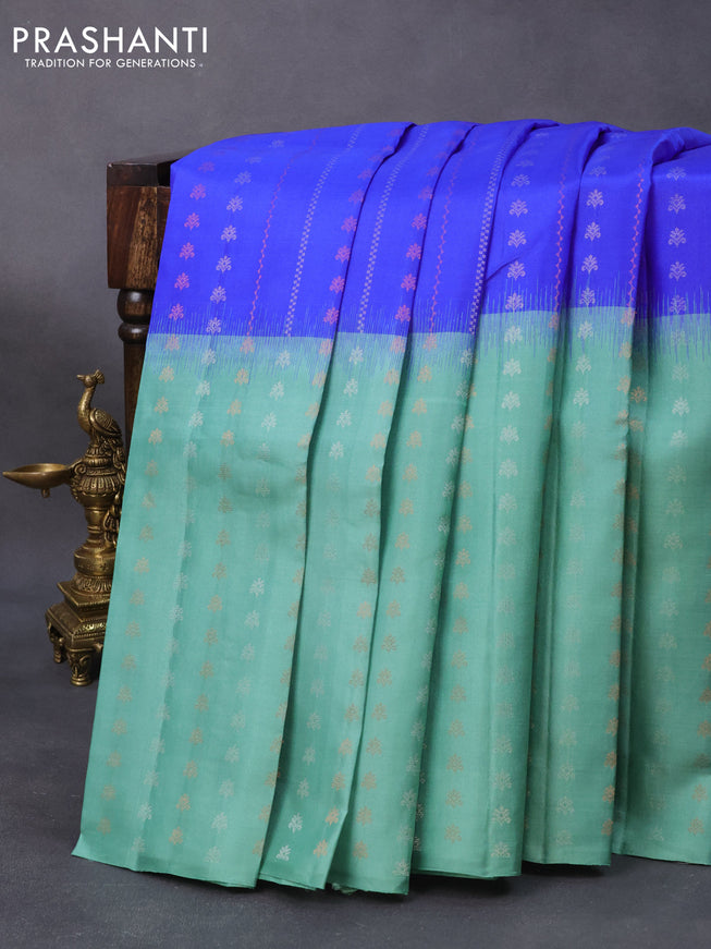 Pure soft silk saree royal blue and pastel green with allover zari wevaes and zari woven border