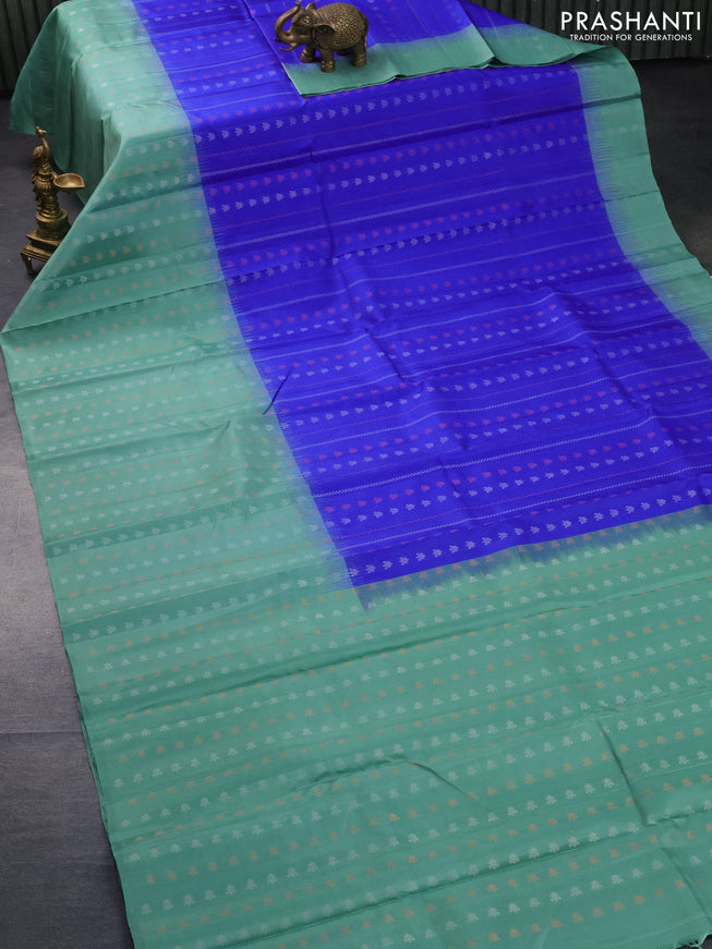 Pure soft silk saree royal blue and pastel green with allover zari wevaes and zari woven border