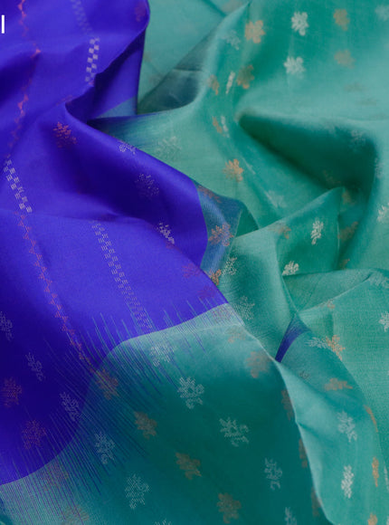 Pure soft silk saree royal blue and pastel green with allover zari wevaes and zari woven border