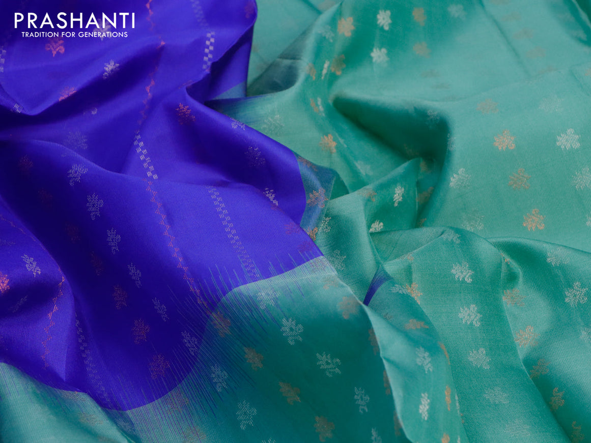 Pure soft silk saree royal blue and pastel green with allover zari wevaes and zari woven border