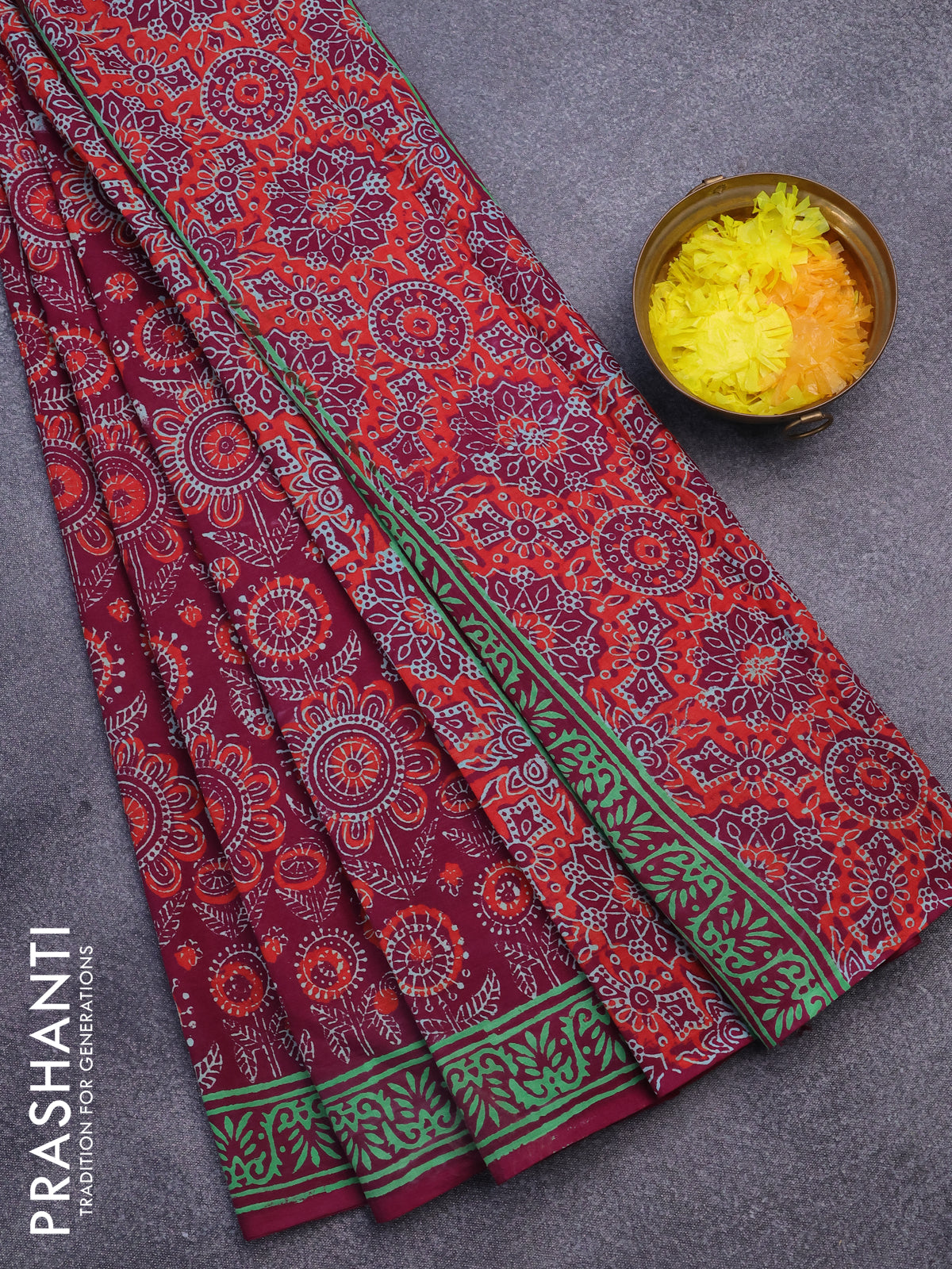 Jaipur cotton saree dark magenta pink and green with allover prints an ...
