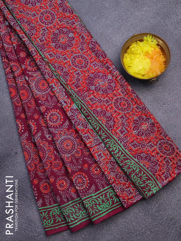 Jaipur cotton saree dark magenta pink and green with allover prints and printed border