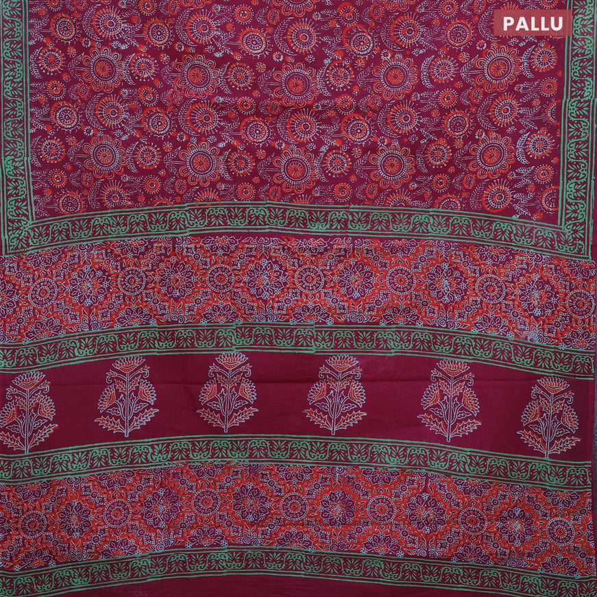 Jaipur cotton saree dark magenta pink and green with allover prints and printed border