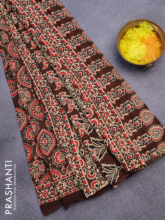 Jaipur cotton saree brown with allover ajrakh prints and printed border