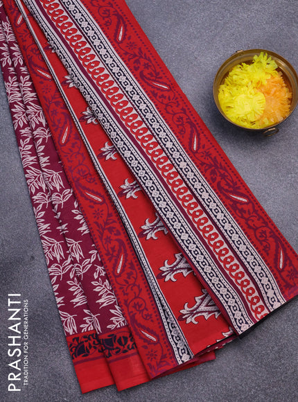 Jaipur cotton saree mmaroon shade and red with allover prints and printed border