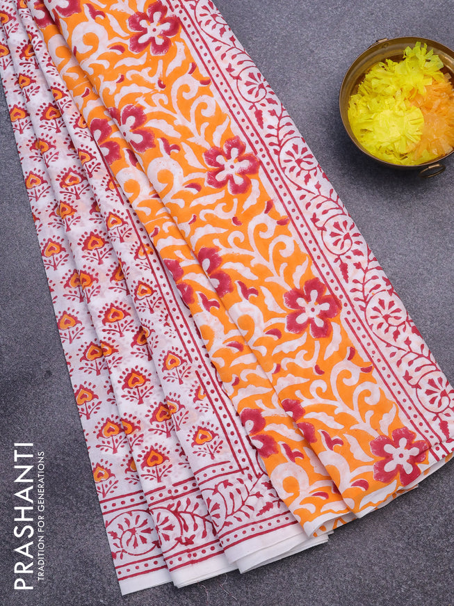 Jaipur cotton saree off white and maroon with allover butta prints and printed border