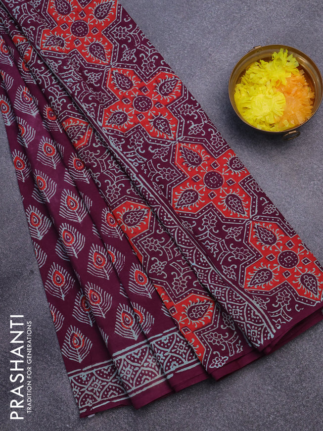 Jaipur cotton saree wine shade with allover butta prints and printed border