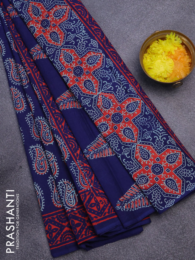 Jaipur cotton saree blue and orange with allover paisley butta prints and printed border