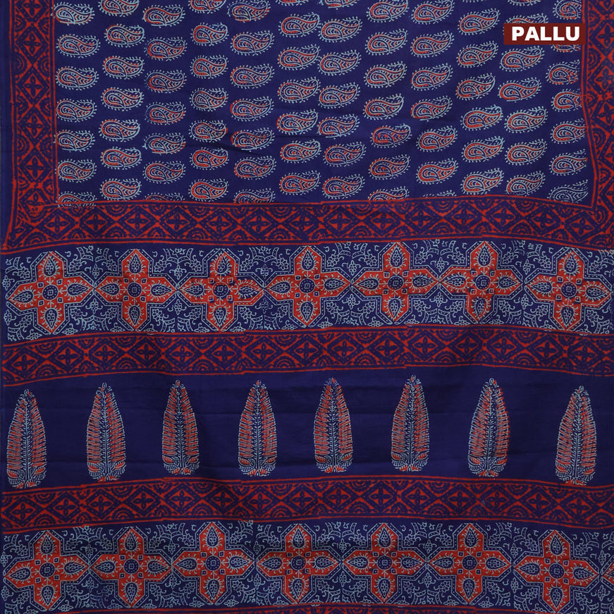 Jaipur cotton saree blue and orange with allover paisley butta prints and printed border