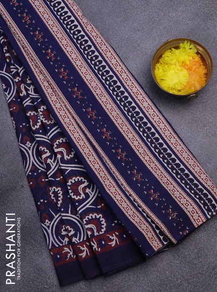 Jaipur cotton saree dark blue and maroon with allover prints and printed border